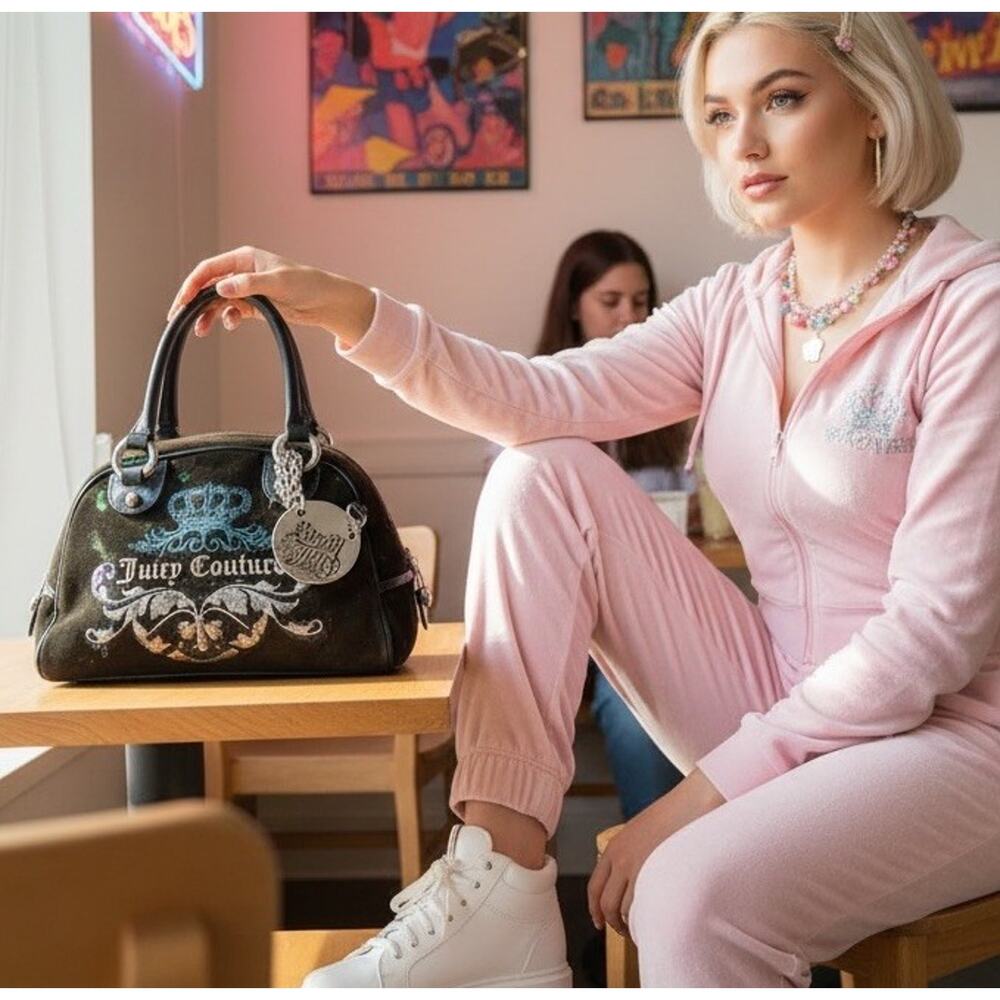 VTG Juicy Couture Bowler Bag Purse Velour Silver Royal Juicy Charm Retro Y2K - Picture 16 of 16